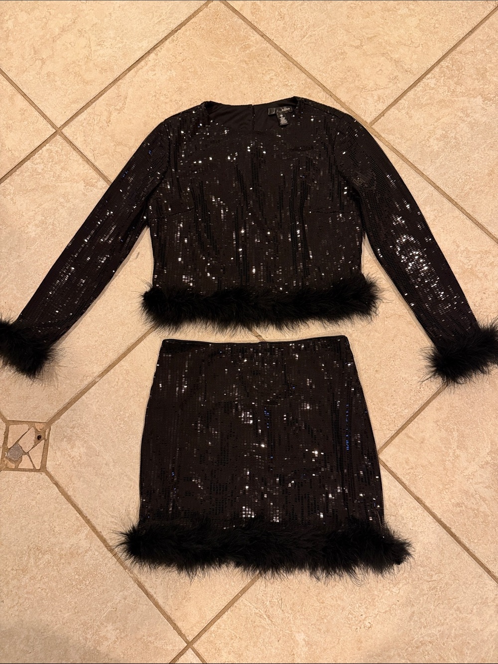 Aqua Black Sequin Two-Piece Skirt Set with Feather Trim